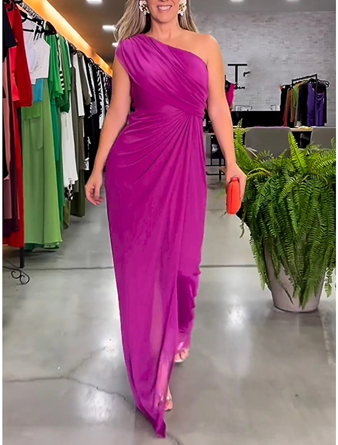 Vestido de fiesta para mujer, vestido de invitada de boda, vestido de terciopelo, vestido largo, vestido maxi morado, sin mangas, color puro, abertura, primavera, otoño e invierno, un hombro, moda